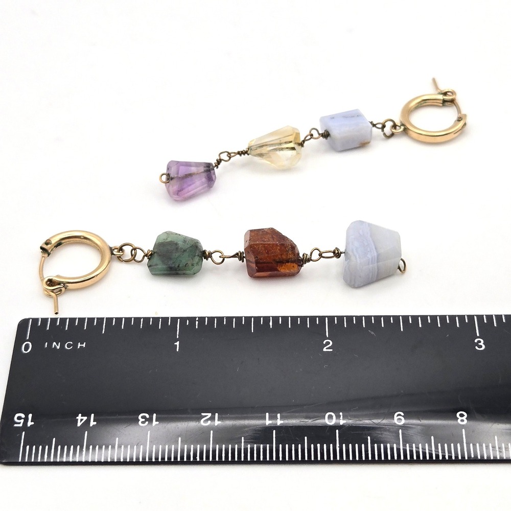 Raw Gemstone Dangle Hoop Earrings Amethyst Quartz Agate Gold Tone Mismatched - Picture 4 of 4
